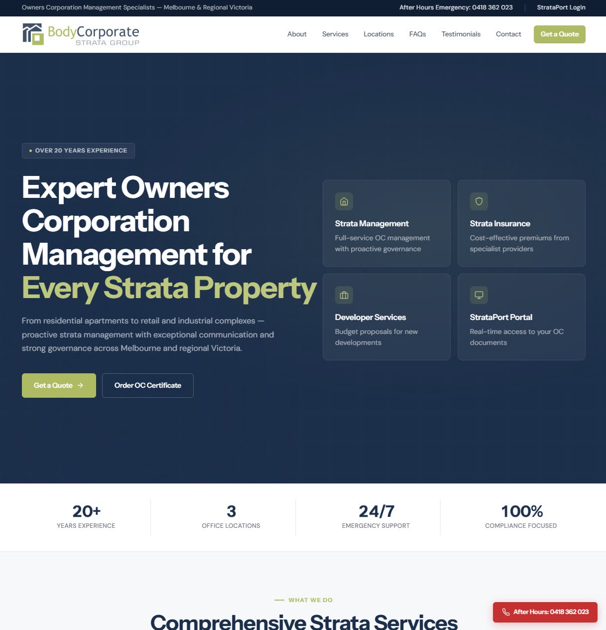 Body Corporate Strata Group website on tablet, services and engagement section