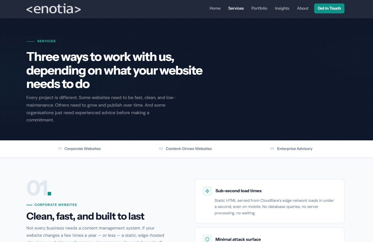 Enotia Australasia website, services page showing corporate websites, content-driven websites, and enterprise advisory offerings