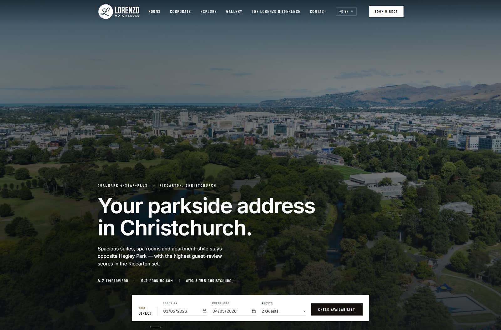 Lorenzo Motor Lodge homepage hero, accommodation messaging, hero photography, and primary navigation