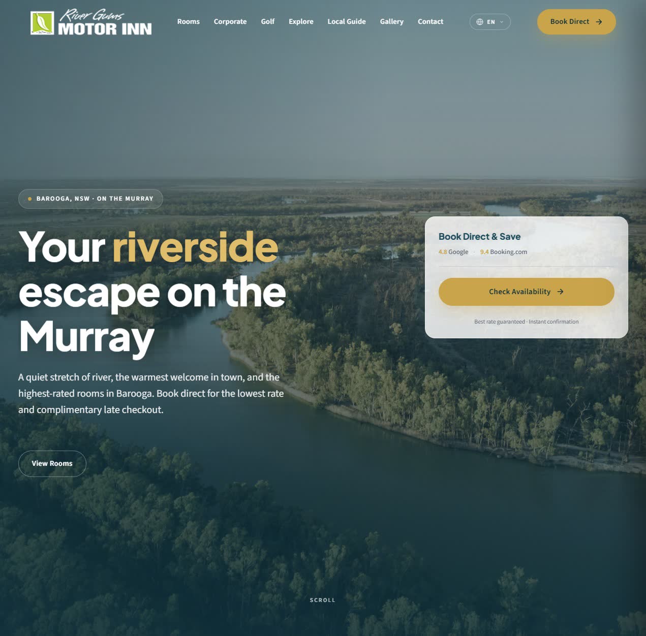 River Gums Motor Inn website on tablet, accommodation gallery and location section