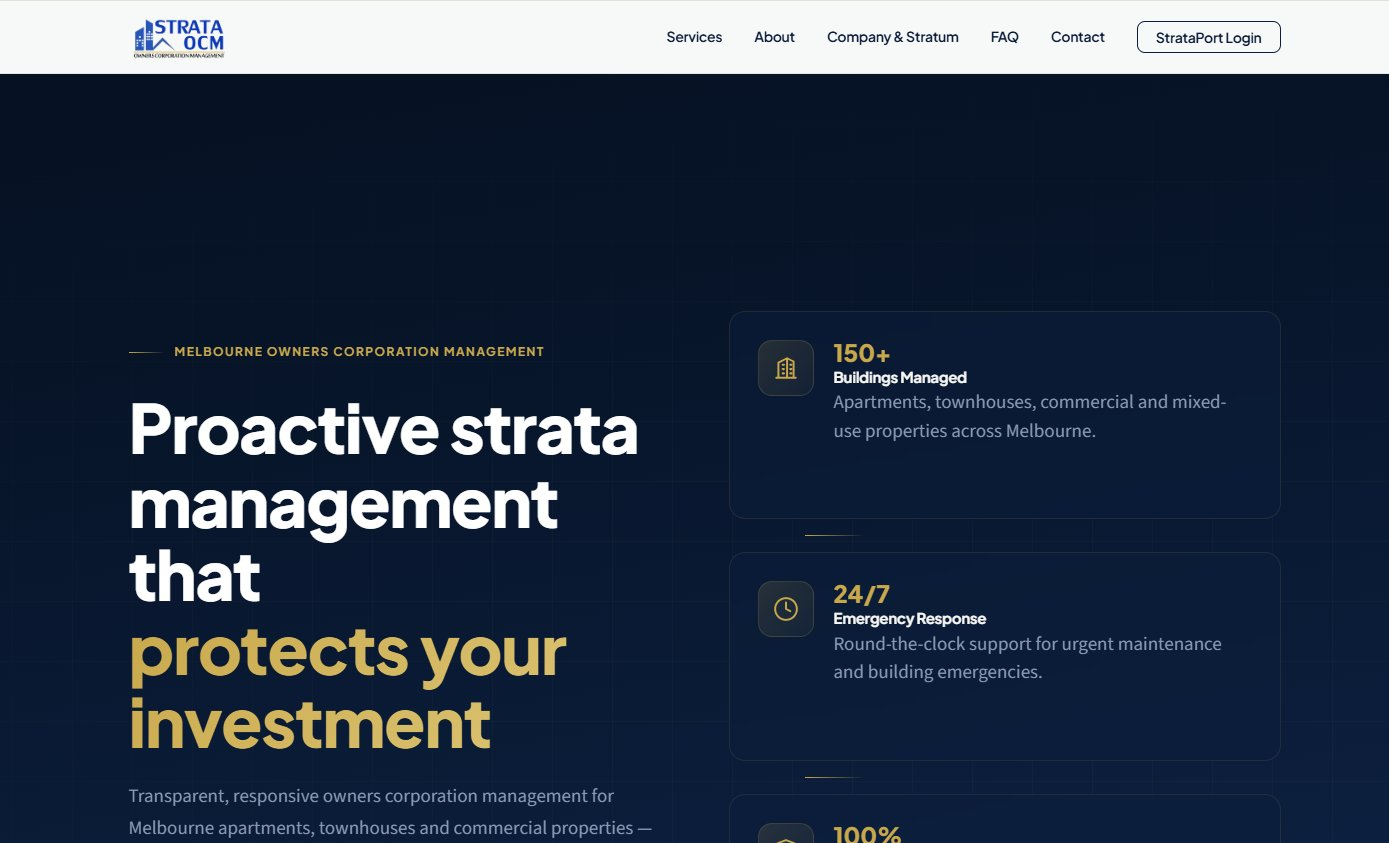Strata OCM homepage, hero section showing proactive strata management messaging with key statistics for buildings managed, emergency response, and transparent fees
