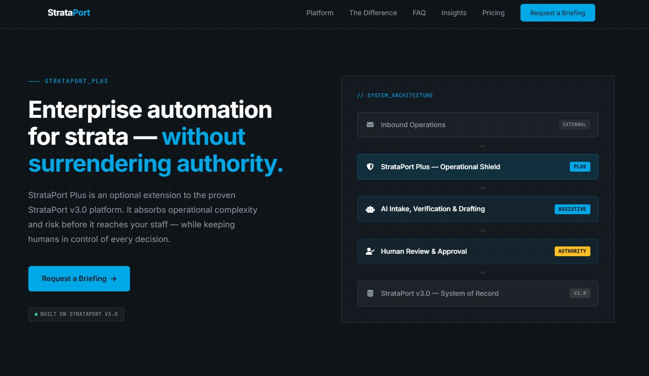 StrataPort homepage, hero section showing the StrataPort Plus system architecture and enterprise automation messaging