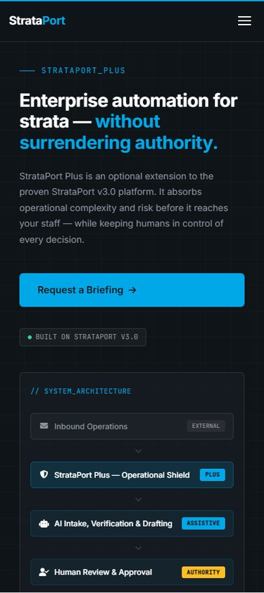 StrataPort mobile view showing responsive navigation, hero messaging, and system architecture